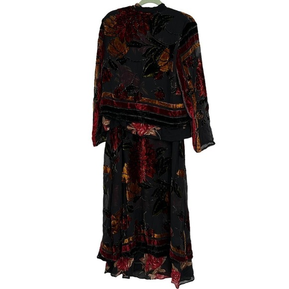 NEW Citron Silk Maxi Dress and Jacket Floral Print Velvet Beaded Fall - Picture 3 of 15